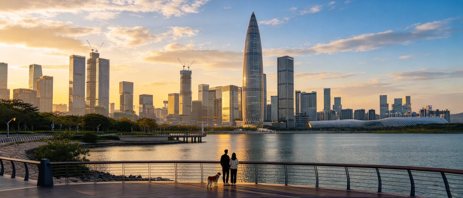 深圳城市天际线，前景有人与狗并肩远望