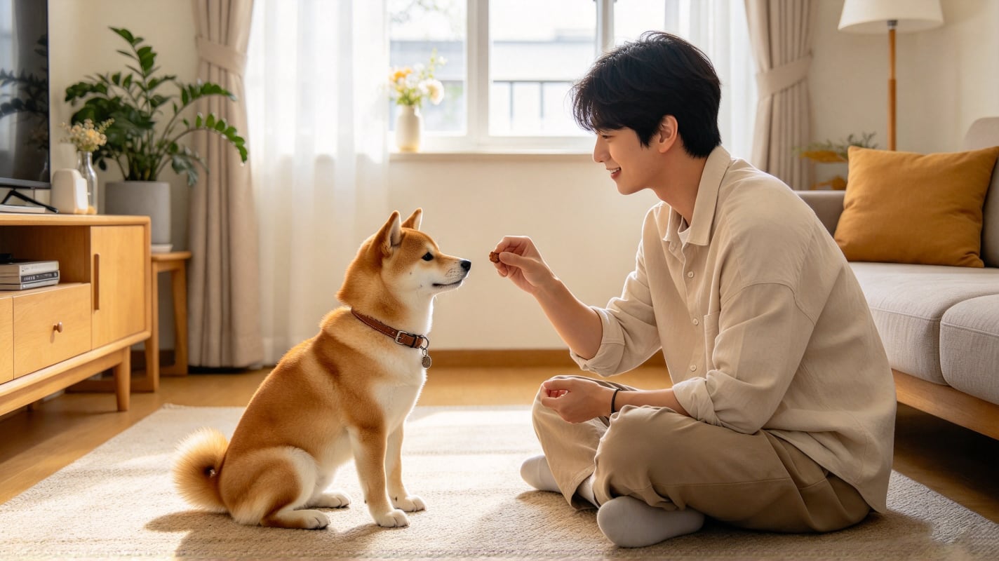 室内训练：狗狗坐在饲主身侧，零食奖励